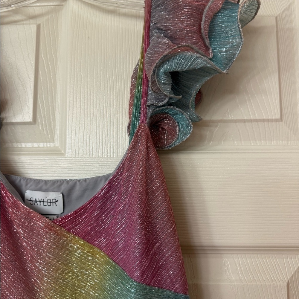 NWOT Saylor Ombre Metallic Myrah Ruffle Shoulder Slit Midi Dress sz Large L - Picture 6 of 9